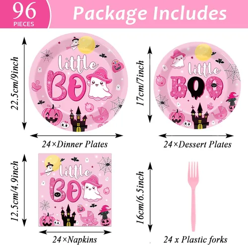 Miniatura 2 de ZOIIWA Juego de vajilla desechable de 96 piezas para fiesta de Halloween Little Boo Baby Shower para niñas, suministros de fiesta de fantasmas
