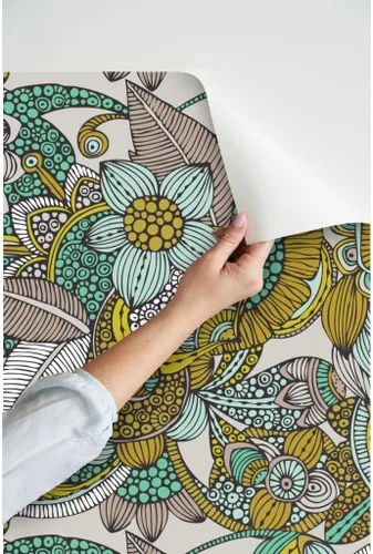Miniatura 3 de Muestras de papel tapiz para despegar y pegar, mostaza, menta, flores, garabatos, líneas, puntos, círculos, estilo vintage, bohemio, papel tapiz