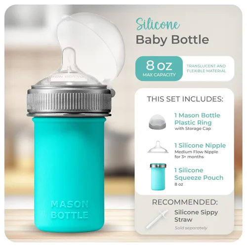 Miniatura 2 de Mason Bottle Biberón de silicona de 8 onzas con pezón de flujo medio (3 meses o más), biberón de lactancia, bolsa de silicona reutilizable