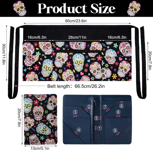 Miniatura 3 de Jetec 2 Pcs Waist Apron with 6 Pockets and Leather Server Book for Waitress Patterned Server Half Apron with Zipper for Women