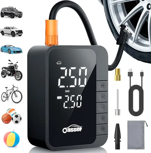 Oasser Inflador de neumáticos, compresor de aire portátil con pantalla digital de valores duales, 6000 mAh, 150 PSI, carga USB tipo C, manguera de
