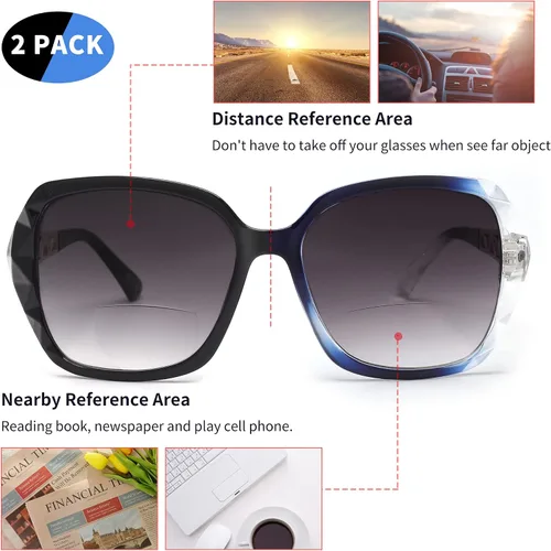 Miniatura 2 de JM Paquete de 2 Gafas de Sol de Lectura Bifocales para Mujeres de Moda Cuadradas de Gran Tamaño Lentes de Sol Lectoras para Lectura al Aire Libre