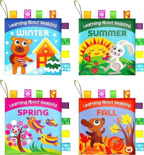 BabyBibi Libros de tela para bebés – Aprende sobre las estaciones, ilustraciones juguetonas, páginas que crujen y personajes lindos, para bebés de