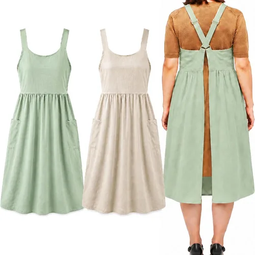 Uaussi Delantal de trabajo de lino de algodón con espalda cruzada para mujer con bolsillos, vestido de pinafore en X cruzado para jardinería de chef