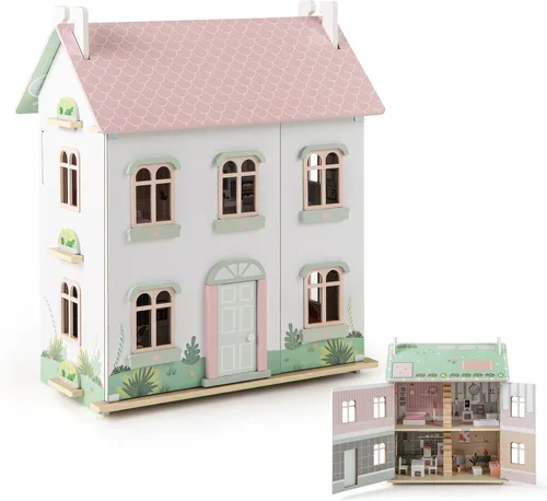 Miniatura 12 de HONEY JOY Casa de Muñecas Rosa, Casa de Muñecas de Madera para Niños con Balcón y Escaleras, 15 Piezas de Accesorios y Muebles Incluidos, Juguete