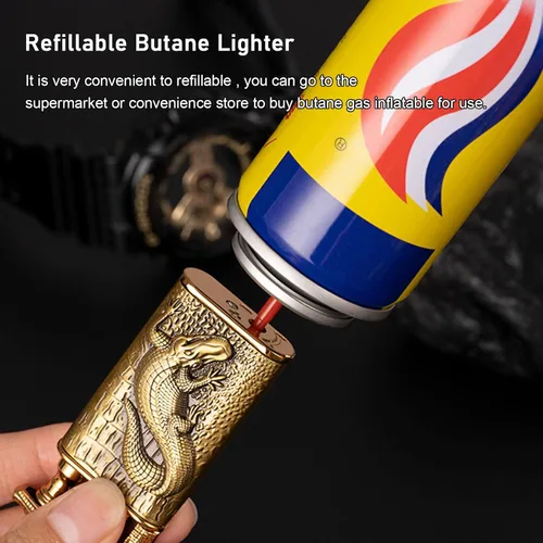 Miniatura 3 de Encendedor de antorcha, diseño de cocodrilo en relieve, encendedor mágico de doble llama con herramienta de llama de ajuste, encendedores de butano