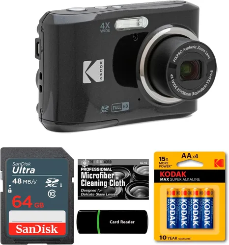 Kodak PIXPRO FZ45 - Cámara digital de 16 MP con zoom óptico 4X de 1.063 in gran angular 1080P Full HD Video 2.7 pulgadas (Negro) + tarjeta y lector