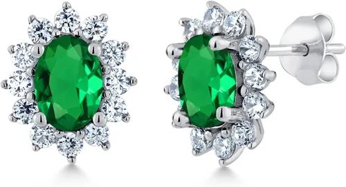 Miniatura 176 de Gem Stone King Aretes ovalados de plata de ley 925 de 0.276 x 0.197 in con piedra natal de la princesa Diana, estilo halo real para mujeres