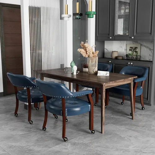 Miniatura 26 de Juego de 8 sillas de cuero de comedor con ruedas y brazos, silla de capitán Accent con ruedas, sillas de madera con ruedas enrollables para cocina