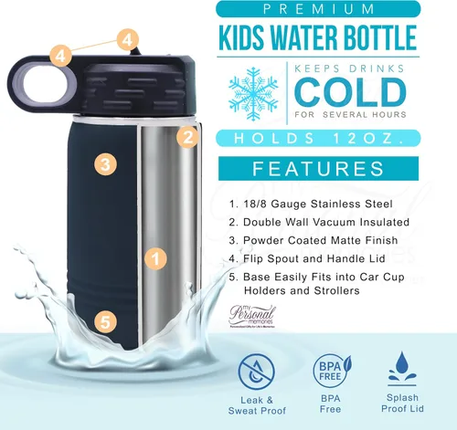 Miniatura 2 de My Personal Memories Botella de agua personalizada de 12 onzas para niños con pajilla, vaso aislado de doble pared para niños, niñas, escuela y Azul