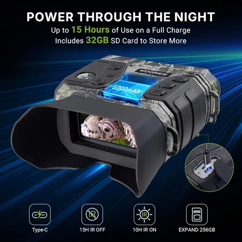 Miniatura 8 de Gafas de visión nocturna, prismáticos de visión nocturna 4K para adultos, 36 MP, rango de 1300 pies, zoom digital 8X, linterna y brújula, batería