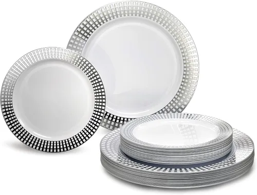 Miniatura 18 de OccasionS - Paquete de 100 platos (50 invitados) Juego de platos de plástico desechables de alta calidad para fiesta de boda, cena de 50 x 10.5