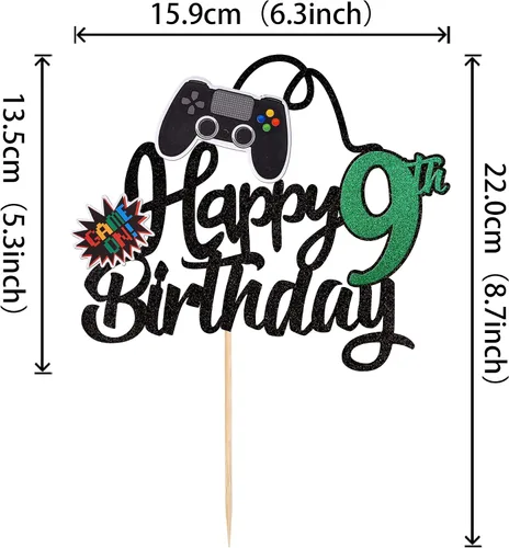 Miniatura 2 de 1 PCS Decoración para Pastel de Videojuegos Feliz 9º Cumpleaños con Purpurina Palillo para Pastel de Videojuegos Game On Controladores Nine Cheers