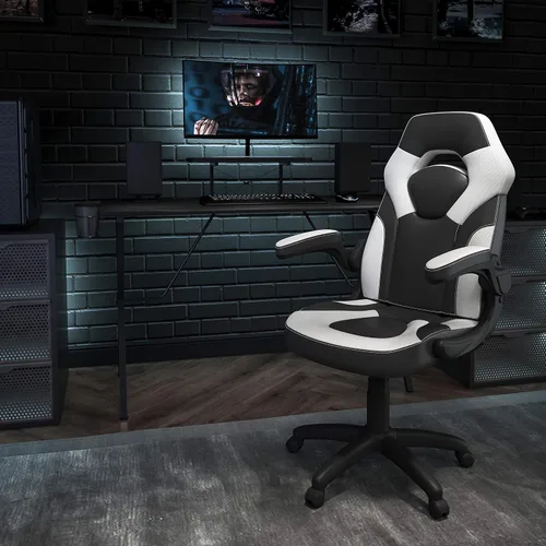 Miniatura 2 de Flash Furniture Juego de escritorio para juegos negro y silla de carreras blanco/negro con soporte para tazas, gancho para auriculares y soporte