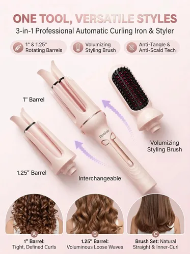Miniatura 9 de Rizador de pelo automático, juego de rizador automático 3 en 1 y cepillos, barriles giratorios intercambiables de 1 y 1.25 pulgadas, varita