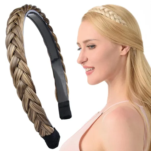 Miniatura 9 de Ancho de 1.5 cm Banda de pelo sintético trenzada estrecha con dientes para mujeres y niñas (Negro)