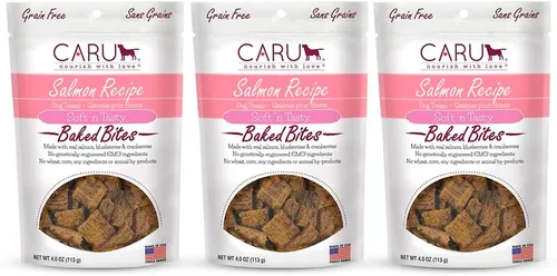 Caru Soft n' Tasty Baked Bites Salmon Bites - Golosinas para perros para entrenamiento, carne real con arándanos y arándanos, bolsas de 4 onzas,