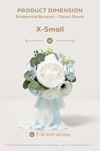 Miniatura 4 de Ling's moment Juego de 4 ramos artificiales de dama de honor, ramos de flores de boda azul polvoriento, ramo floral blanco, ramos de rosas azul