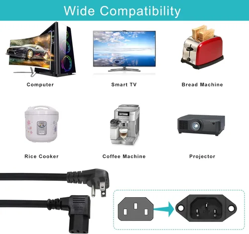 Miniatura 7 de Cable de alimentación de 90 grados, IEC de ángulo recto de 2 pies, fuente de alimentación universal para PC, 16 AWG, NEMA 5-15P negro tipo ángulo a