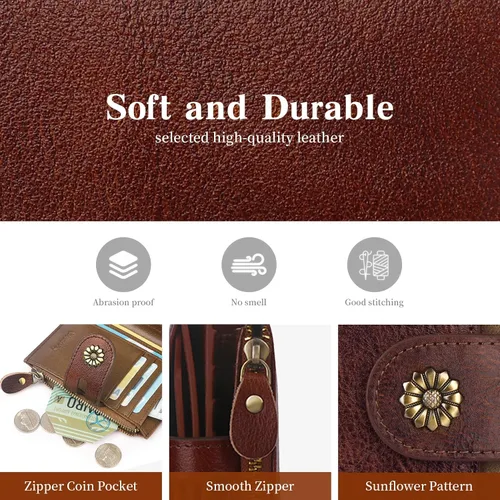 Miniatura 6 de Cartera de cuero con doble pliegue para mujer, bloqueo RFID, tarjetero compacto, cartera pequeña con ventana para identificación extraíble, Retro