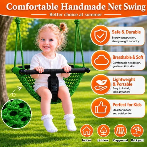 Miniatura 6 de Hi-Na Asientos de columpio para niños, bebé, columpio de red hecho a mano con cuerda ajustable, adecuado para interiores, exteriores, patio trasero
