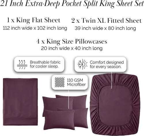 Miniatura 395 de Southshore Fine Living, Inc. Juego de 7 piezas de sábanas King divididas para cama ajustable, juego de sábanas King divididas con bolsillo de 21