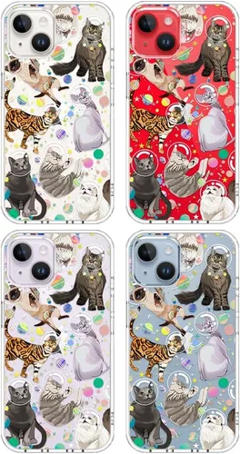 Miniatura 3 de MOSNOVO - Funda para iPhone 13/14, grado militar, probada en caídas de 6.6 pies, transparente con diseño de gato espacial Gato del espacio