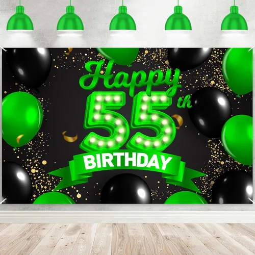 Miniatura 32 de Cartel de feliz cumpleaños 26 verde y negro, telón de fondo con texto en inglés "Cheers to 26 years old confeti", globos de confeti, decoración
