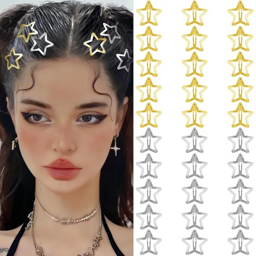 Miniatura 27 de Pinzas para el cabello Y2K de la década de 2000, pasadores de pelo antideslizantes, accesorios para el cabello de estrella plateadas, pinzas