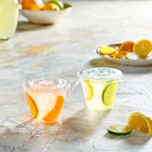 Miniatura 5 de GUSTO Vasos de plástico transparente con tapas planas [9 onzas – 100 unidades] – Tazas desechables para café helado con tapas – Vasos fríos