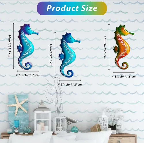 Miniatura 3 de POXOH - Juego de 3 decoraciones de pared de caballito de mar de metal, temática costera del océano de vida marina para interiores y exteriores, arte