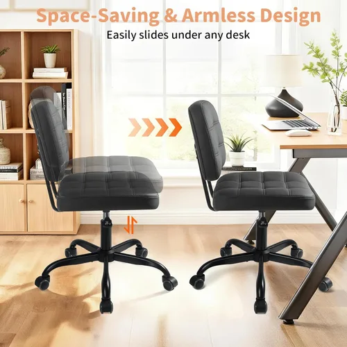 Miniatura 4 de Silla de escritorio de oficina en casa sin brazos – Pequeñas sillas giratorias de escritorio de oficina con ruedas – Silla de computadora de piel