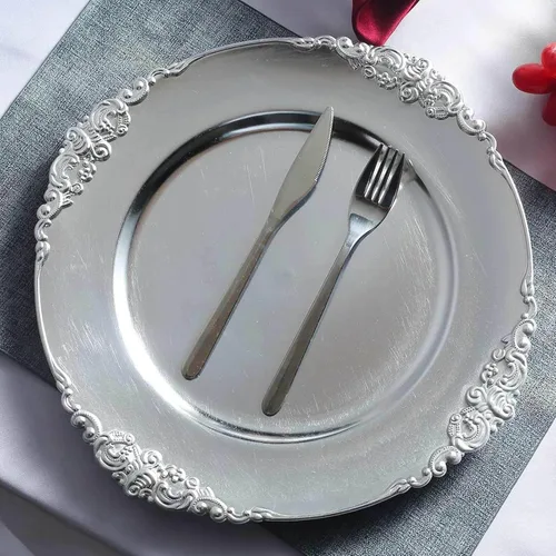Miniatura 25 de Efavormart - Paquete de 6 platos barrocos redondos de oro rosa de 13 pulgadas, borde en relieve de hojas, perfecto para decoración de catering