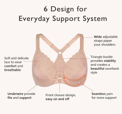 Miniatura 4 de DotVol Sujetador de cierre frontal para mujer, parte trasera en T, figura completa, con aros, talla grande, sin costuras, sin forro, para busto
