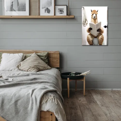 Miniatura 5 de GLOKAKA Lienzo decorativo para baño, diseño divertido de alpaca sentado en el inodoro, leyendo periódico, arte de pared, humor, granja, animal, arte