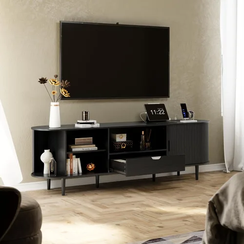 Miniatura 9 de DHH 71" Fluted TV Stand with Power Outlet for TVs up to 80", TV Console with Adjustable Shelves and Sliding Door,Mid Century Modern Entertainment