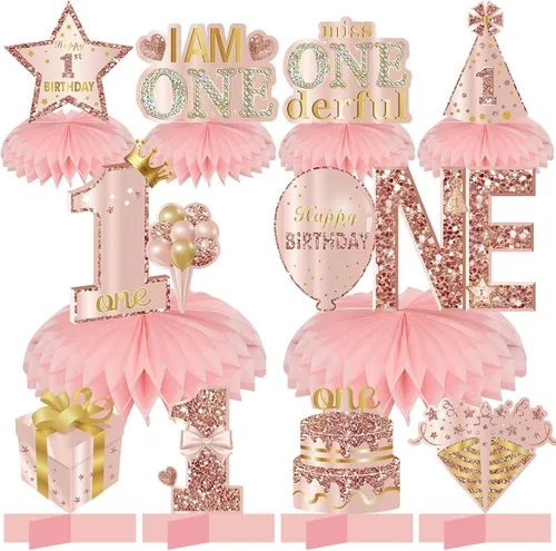 Turypaty 10 piezas de decoración de primer cumpleaños, centros de mesa de panal para niñas bebés, color oro rosa y rosa Miss Onederful, centros de