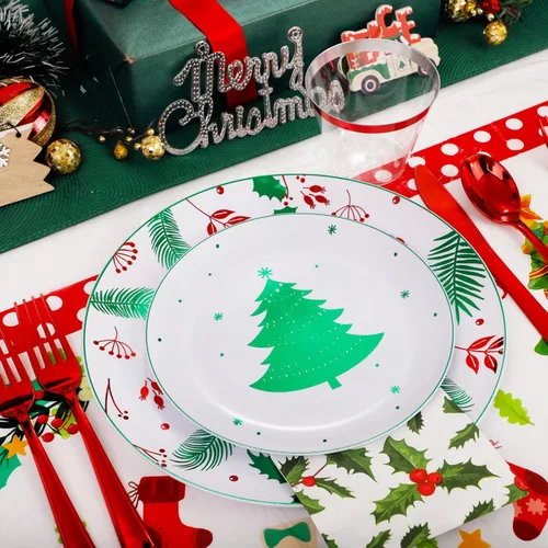 Miniatura 6 de Festiva 176 Piezas Platos de Plástico de Navidad Resistentes - Juego de Vajilla Desechable de Navidad - incluye 50 Platos 25 Cubiertos de Plástico