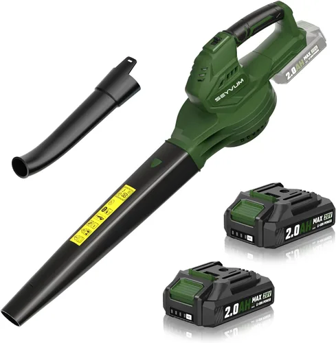 SEYVUM Soplador de hojas, soplador inalámbrico de 20 V con batería de 2 x 2.0 Ah, soplador eléctrico de hojas para el cuidado del césped, soplador