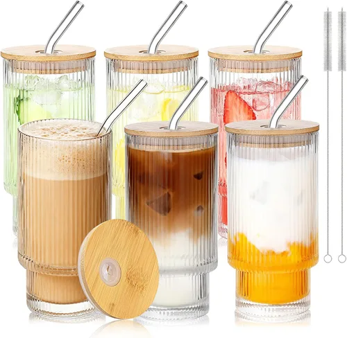 Miniatura 16 de Vasos de vidrio vintage con tapas y pajitas de bambú de 16 onzas, vaso vintage en relieve floral tazas de vidrio para whisky, cerveza, tazas de café