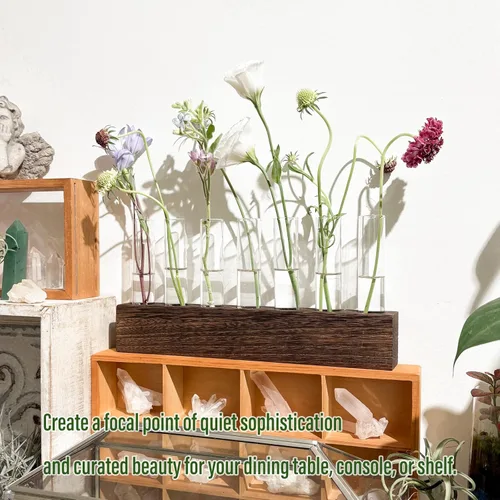 Miniatura 4 de KAXYEW Estación de Propagación de Plantas de Escritorio de Vidrio con Tubo de Ensayo, Terrario de Plantas en Soporte de Madera para Plantas Marrón