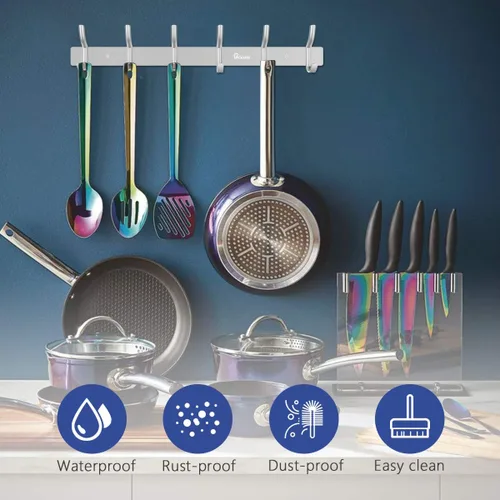 Miniatura 4 de Montado en la pared 16 pulgadas Percha Percha 6 ganchos aleación de aluminio plata para baño Kithchen plateado