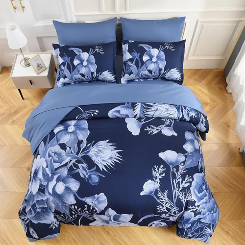 Miniatura 3 de Luxudecor Juego de edredón floral tamaño King de 7 piezas, cama de flores azul marino en una bolsa, elegante edredón floral con juego de sábanas