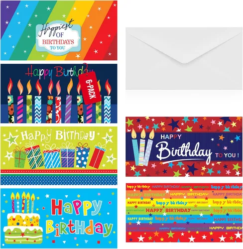 Iconikal Paquete de 24 soportes para dinero para tarjetas de regalo con sobres, 6 diseños de feliz cumpleaños, 6.75 x 3.25 pulgadas, soporte triple