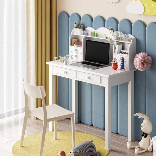 Miniatura 3 de ADORNEVE Pequeño Escritorio Blanco con Estante Superior y Puertos USB, Escritorio de Oficina en Casa de 31.5 Pulgadas con Cajones, Mesa de Estudio