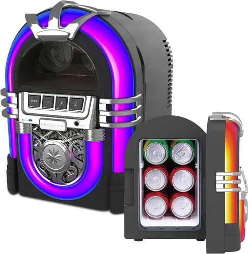 PROSCAN Mini refrigerador personal para 6 latas, diseño de jukebox de altavoz portátil integrado, hogar, oficina o dormitorio, enfriador de bebidas