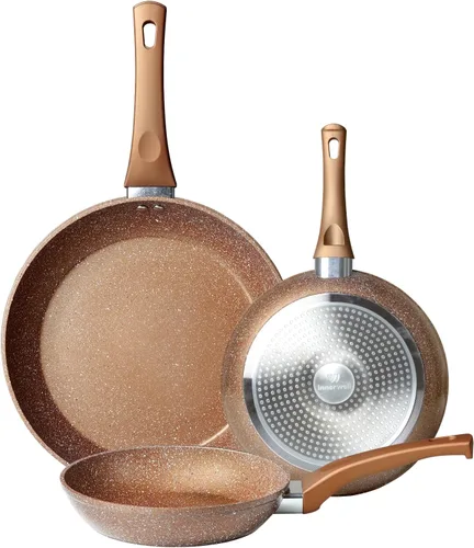 Innerwell Juego de sartenes antiadherentes, juego de 3 sartenes antiadherentes, utensilios de cocina de inducción de granito dorado, 8 pulgadas, 9.5