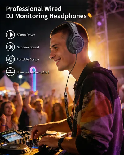 Miniatura 2 de Auriculares con cable sobre la oreja, auriculares para monitor de DJ y estudio con controlador de 1.969 in, auriculares estéreo con conector de 1/4