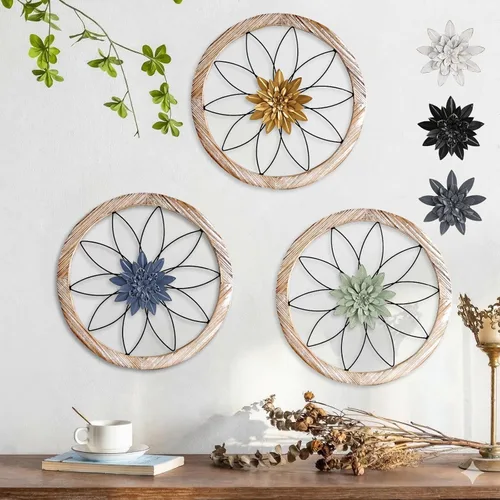 Miniatura 8 de Paquesta Decoración de Pared de Granja Redonda de 3 Piezas con 6 Flores Intercambiables de 12'' Medallón de Madera y Metal Arte de Pared Rústico