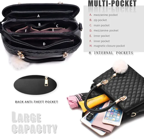 Miniatura 5 de I IHAYNER - Bolsos de cuero para mujer con correa para llevar al hombro asas cortas y pompón